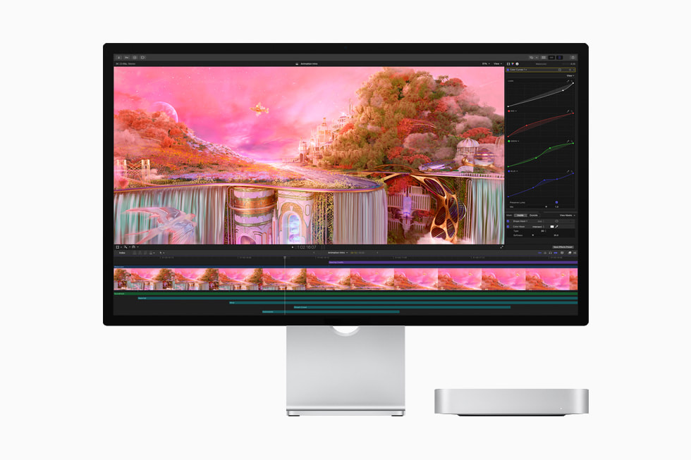 使用 MacBook Pro 和 Studio Display 显示的动画制作工作流。