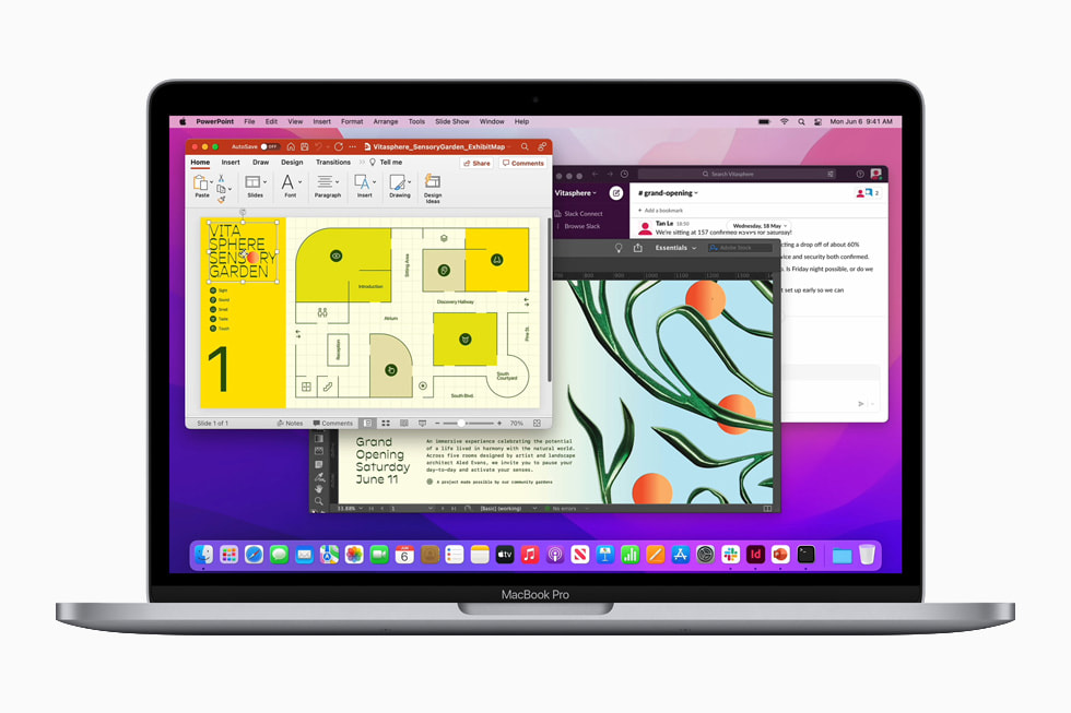 在全新深空灰色 MacBook Pro 上运行多个 app。