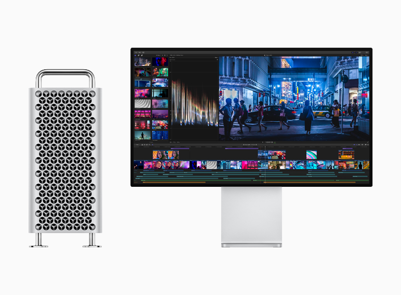 Mac Pro 和 Pro Display XDR 并排摆放，屏幕上显示视频剪辑。
