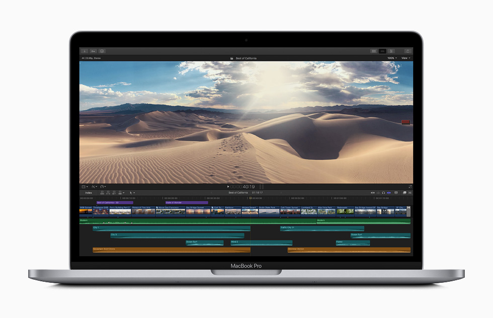 MacBook Pro 上显示 Final Cut Pro X 视频编辑界面。