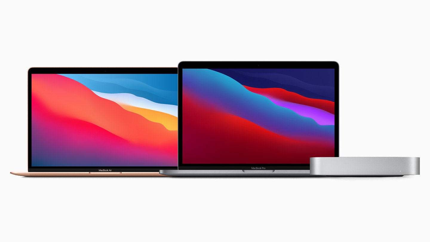 配备 Apple M1 芯片的 MacBook Air、13 英寸 MacBook Pro 和 Mac mini。