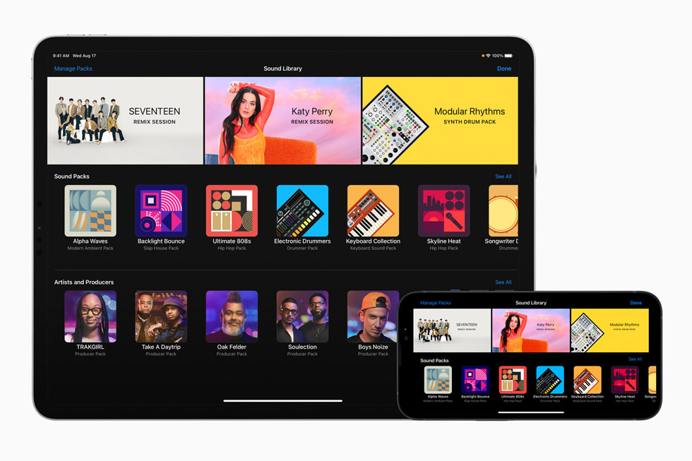 iPad Pro 和 iPhone 13 Pro 上的库乐队 app 内显示着 Katy Perry 和 SEVENTEEN 的金曲。