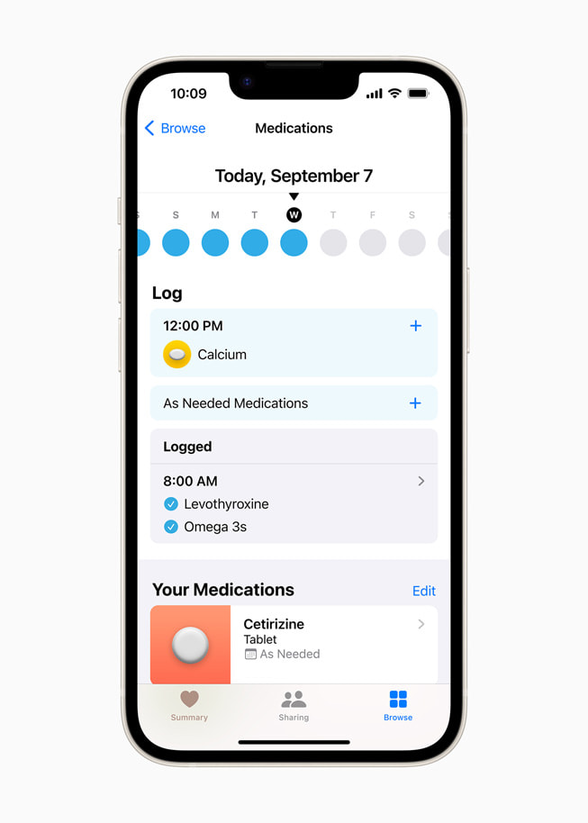 iPhone 14 上 iOS 16 的健康 app 中的“用药”功能。