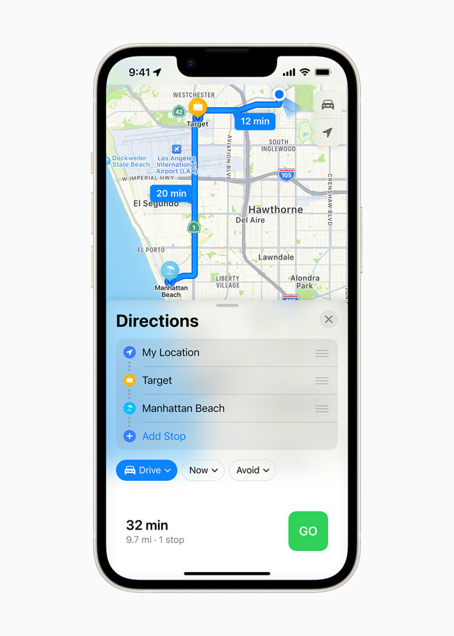 iPhone 14 上 iOS 16 中 Apple 地图的多站点路线。