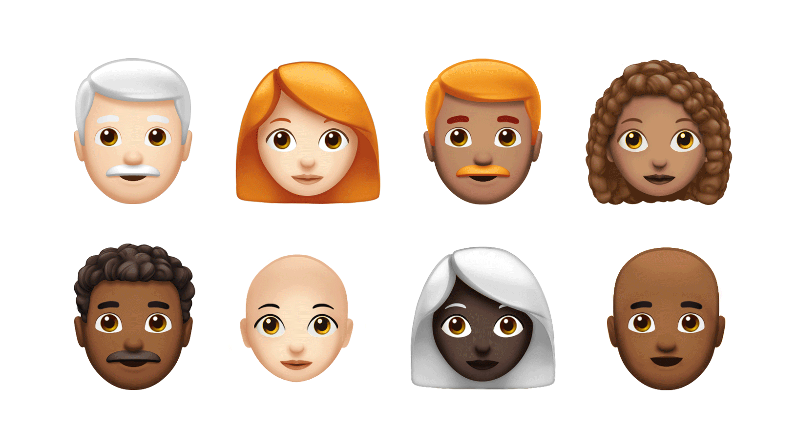 两行全新表情符号设计，包括白发、红发和卷发。