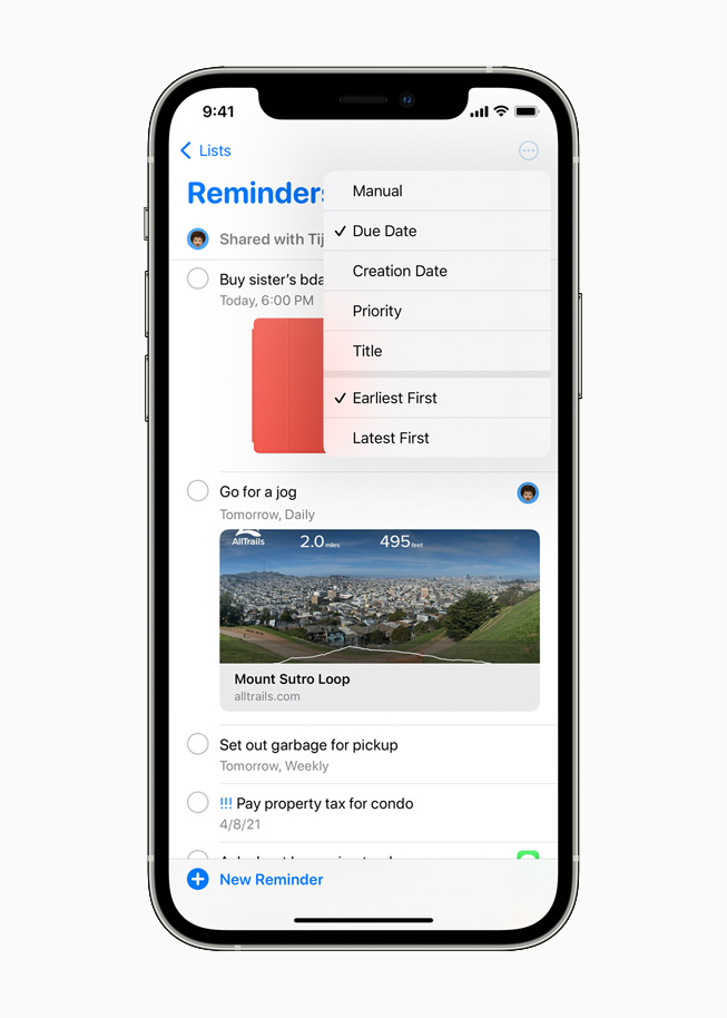 运行 iOS 14.5 的 iPhone 12 Pro 上的提醒事项 app。