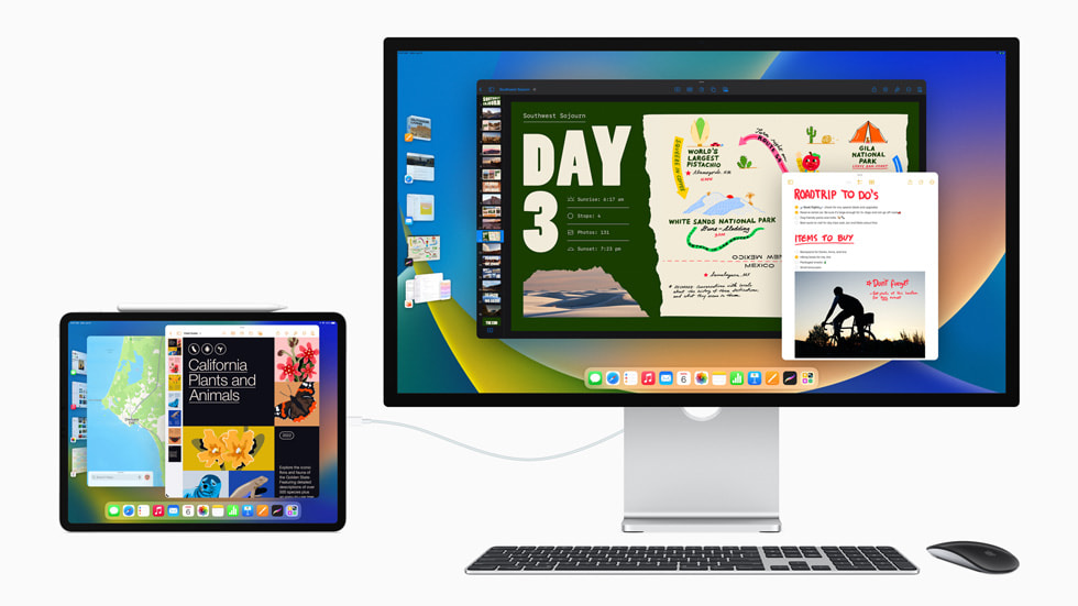 一位专业用户的屏幕，展现相互连接的 Mac 和 iPad 上打开了多个 app。