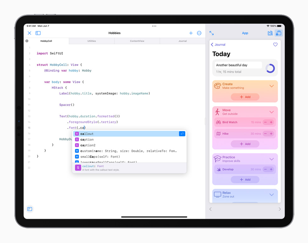 iPad Pro 上展示的 Swift 编程环境。 