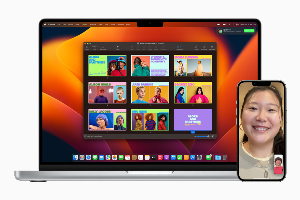 iPhone 13 Pro 上的 FaceTime 通话具有切换至 Mac 的接力选项，该选项显示在 MacBook Pro 上。