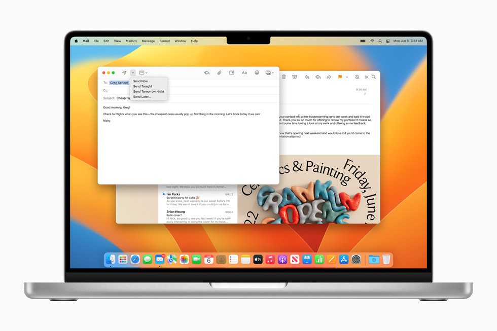 MacBook Pro 显示邮件 app 的全新定时发送功能。