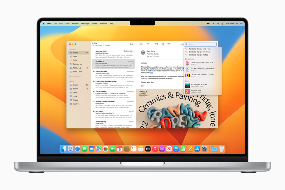 MacBook Pro 显示邮件 app 的全新搜索结果。