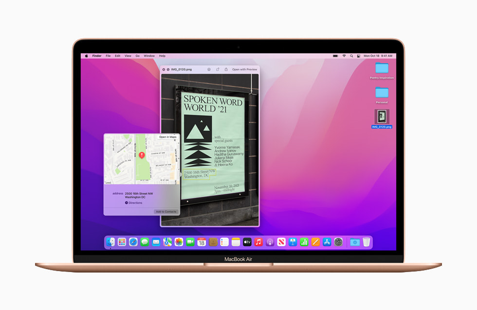 macOS Monterey 使用实况文本在 MacBook Air 的图片中呈现相关信息。
