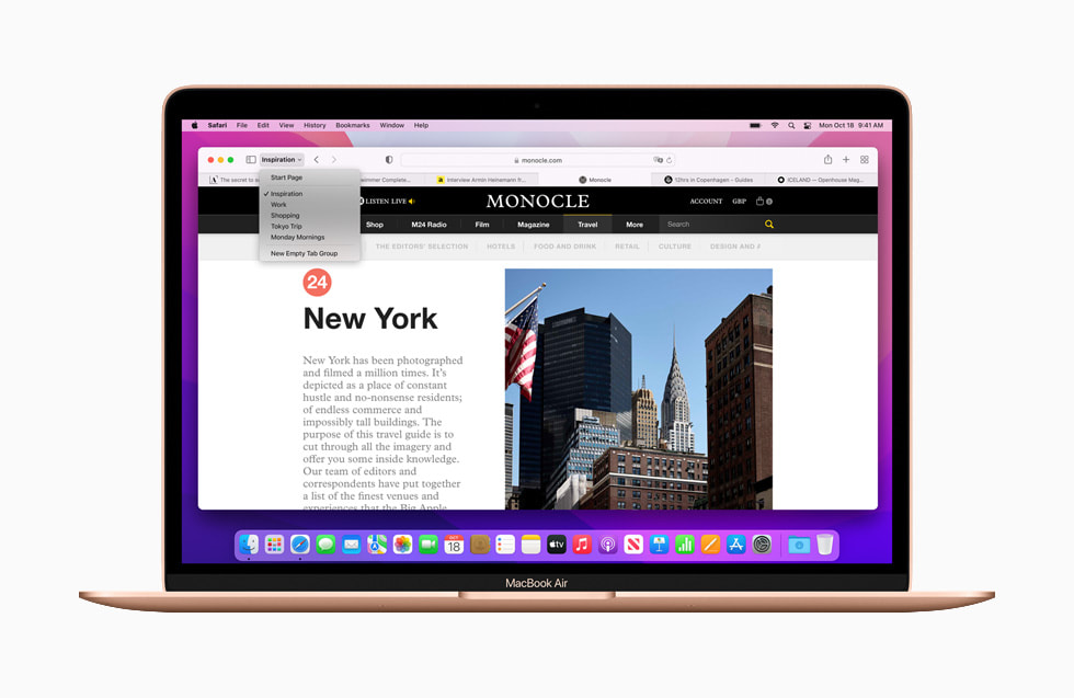一台安装 macOS Monterey 的 MacBook Air 正在使用 Safari 浏览器的标签页组。