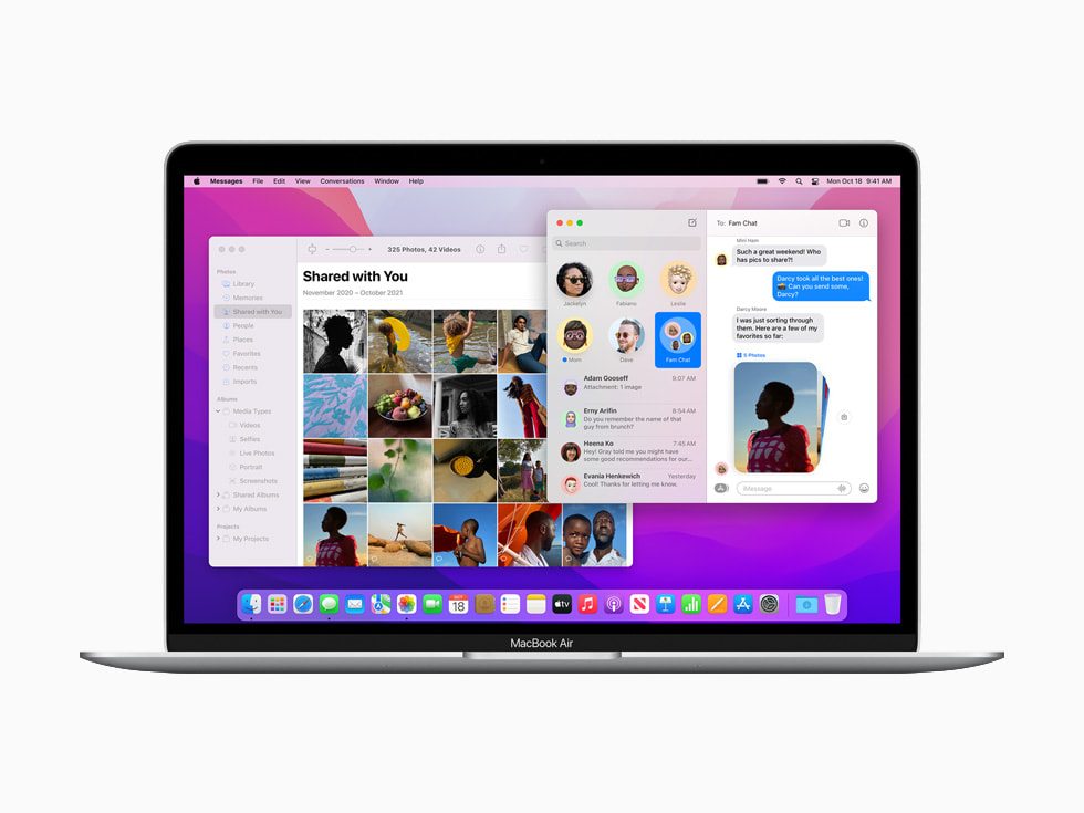 安装 macOS Monterey 的 MacBook Air 通过信息 app 共享媒体内容。