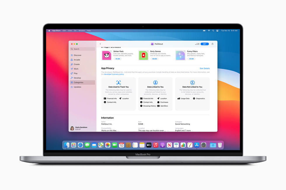 MacBook Pro 上显示 Pal app 的隐私处理方法摘要。 