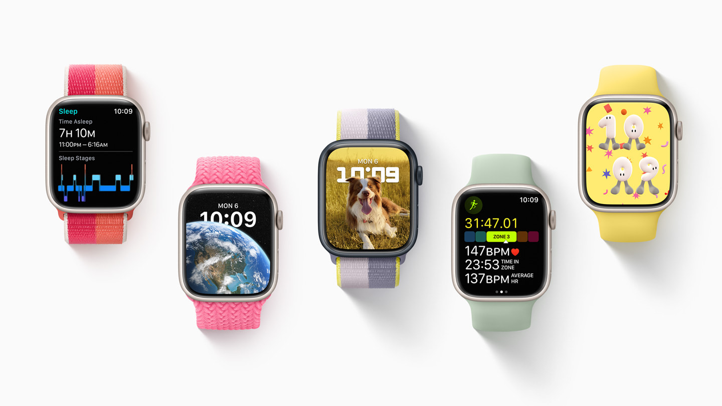 五款不同的 Apple Watch Series 7 展示新表盘及功能。