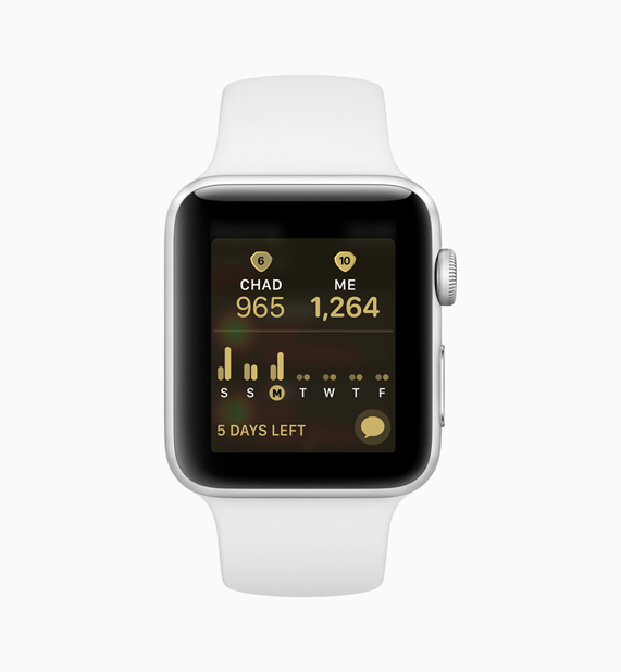白色款 Apple Watch 在展示两人之间如何使用健身记录竞赛软件