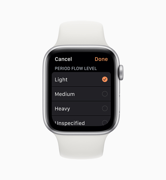 Apple Watch 上的 Cycle Tracking app 显示月经量选项。