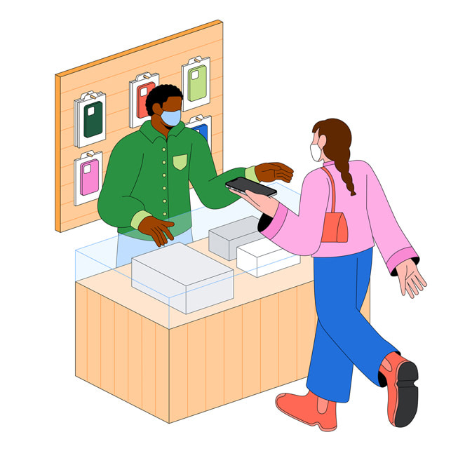 图片显示一位女性消费者在 Apple Store 零售店内咨询 iPhone 维修服务。