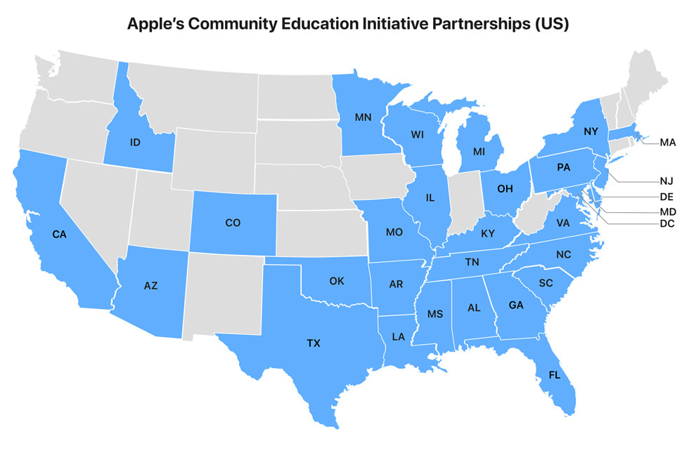 一张“Apple 社区教育计划合作”地图标出了 Apple 合作伙伴所在的 29 个州。