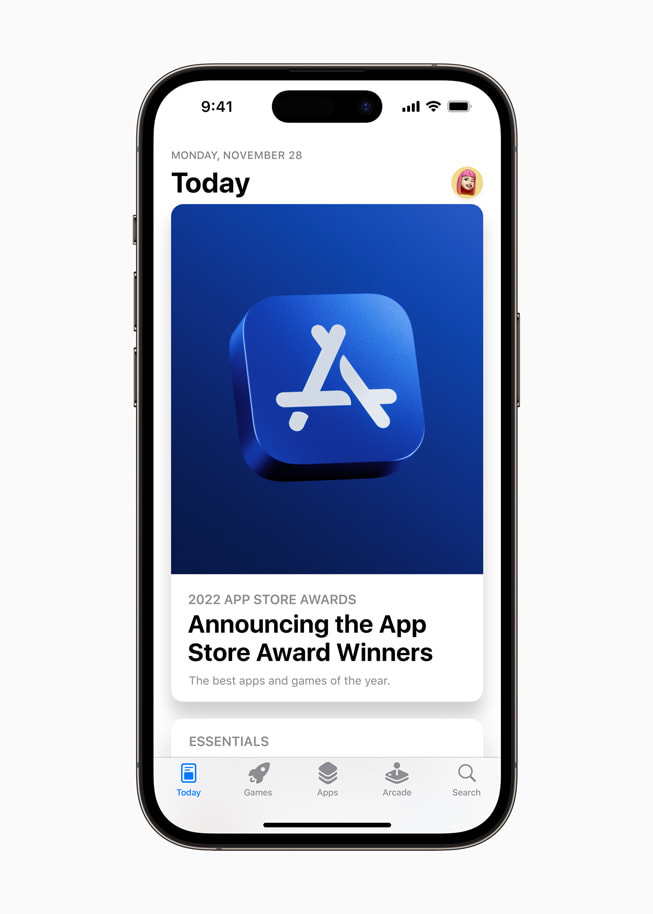 iPhone 14 Pro 正在展示 App Store app 中的“Today”标签页。