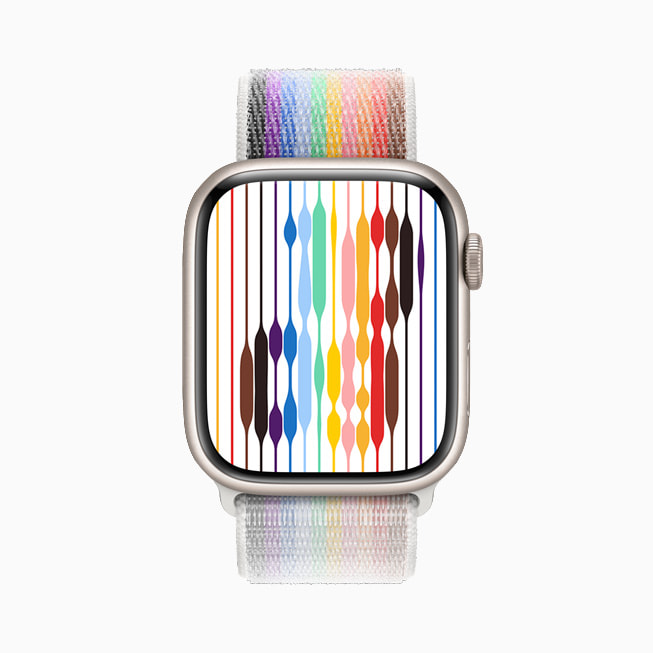 Apple Watch 新款彩虹线条表盘的特写。