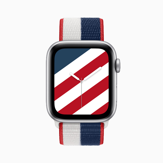 装有美国国际系列回环式运动表带与配套“条纹”表盘的 Apple Watch Series 6。