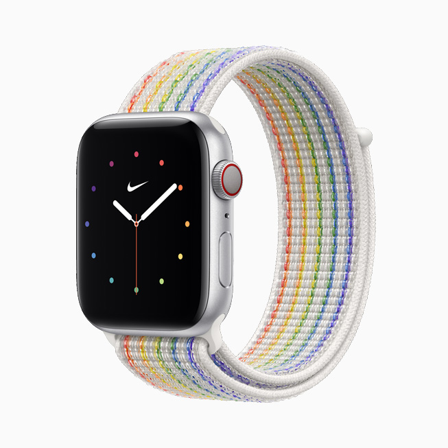 Apple Watch Nike 彩虹版回环式运动表带和彩虹版表盘的侧视图。