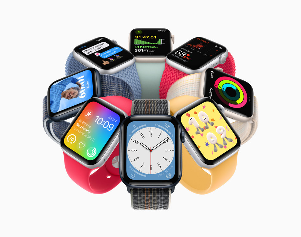 8 支 Apple Watch SE 设备展示了 watchOS 9 的新功能。