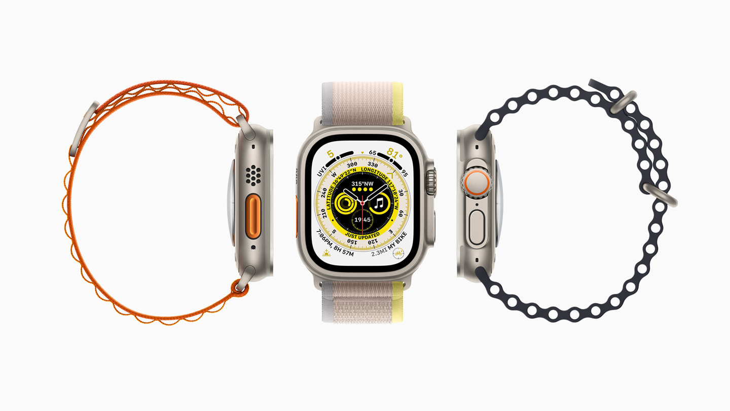 3 支 Apple Watch Ultra 设备的侧面与顶部展示，各搭配不同表带。