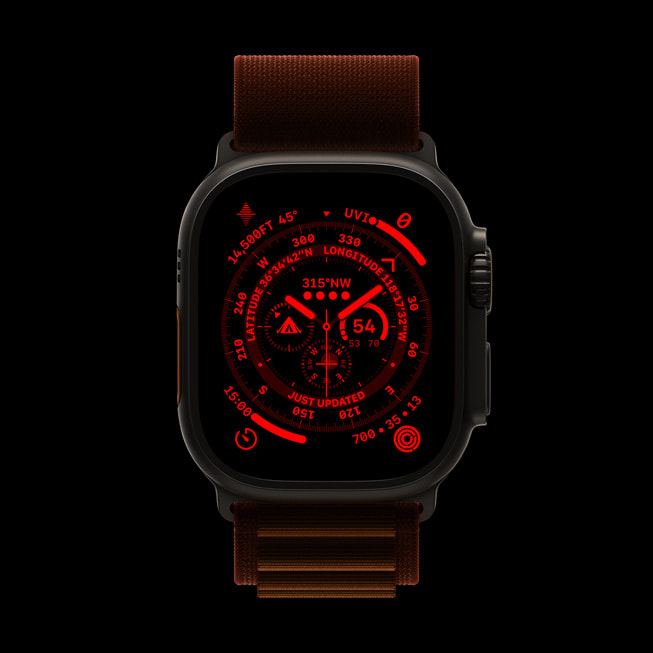 Apple Watch Ultra 显示夜间模式，黑色背景上出现发光的红色显示内容。