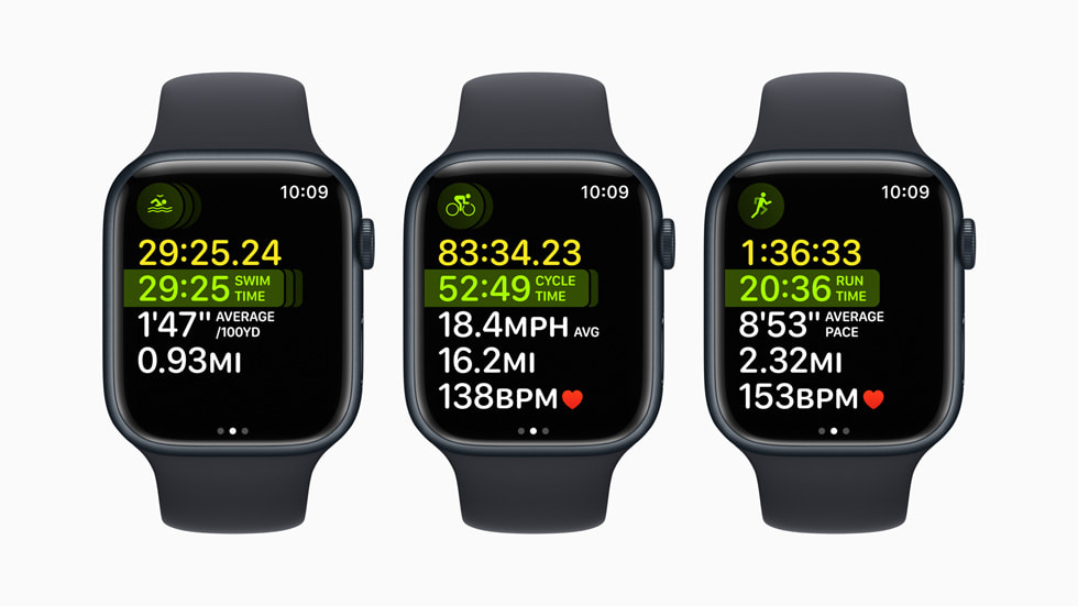 三款 Apple Watch Series 8 设备分别显示一次多项目体能训练中不同时刻的数据，包括游泳、骑行和跑步。