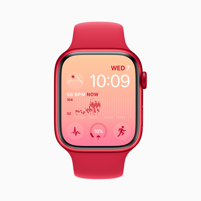 Apple Watch Series 8 显示“模块”表盘红粉配色背景上的色彩编辑界面。