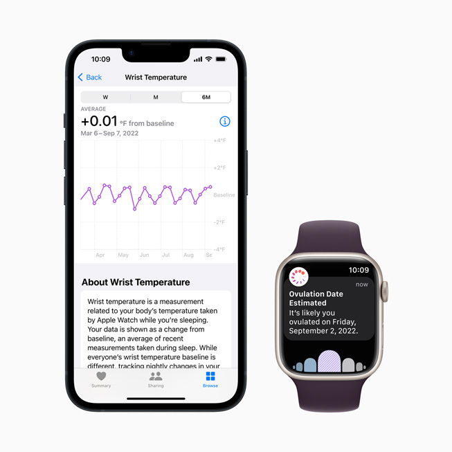 放在 Apple Watch Series 8 旁边的手机显示“经期追踪”界面，内容包括手腕温度和排卵日预测。