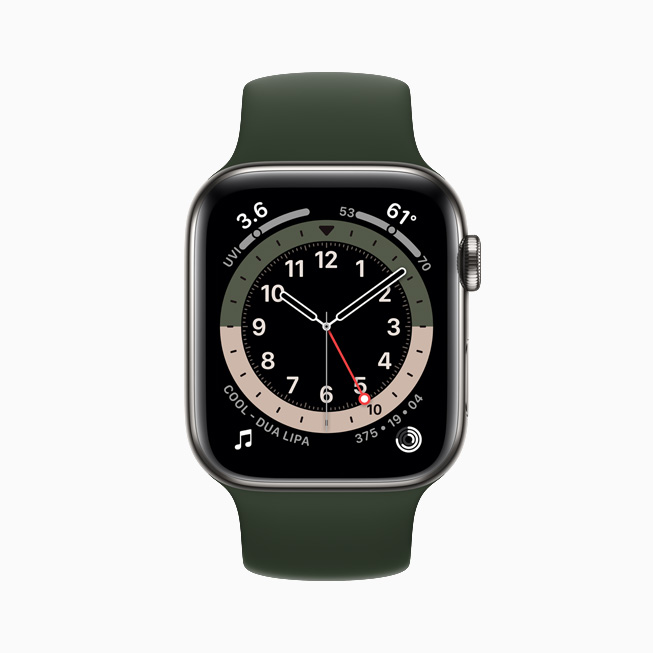 Apple Watch Series 6 上显示的 GMT 表盘。