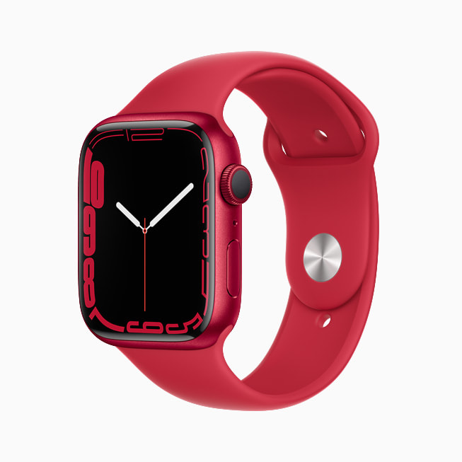 红色铝金属表壳 Apple Watch Series 7 上展示的轮廓表盘。