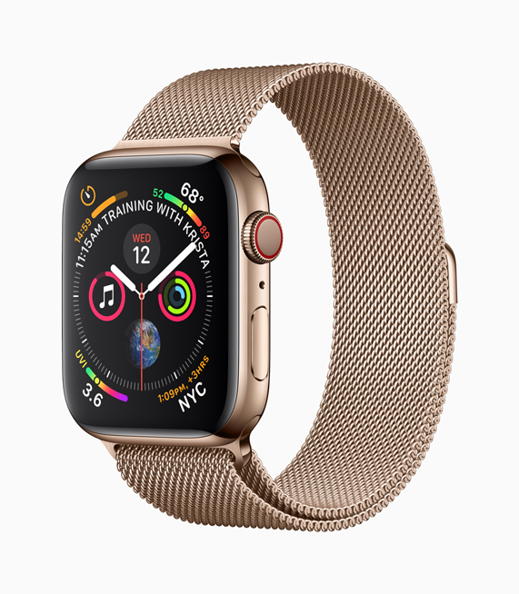 新款金色不锈钢 Apple Watch Series 4 外观照，搭配米兰尼斯表带。