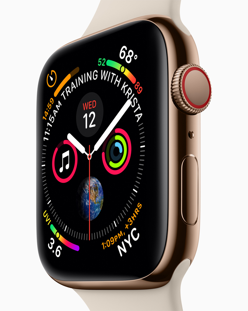 Apple Watch Series 4 表盘和全新数码表冠的镜头特写。