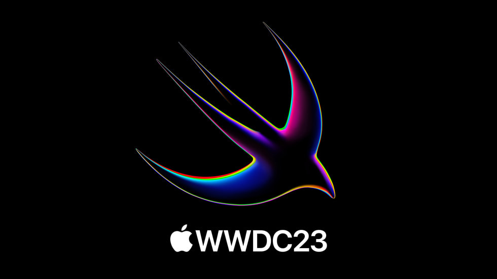 黑色背景上的 Swift 标志，下面是 WWDC23 字样。