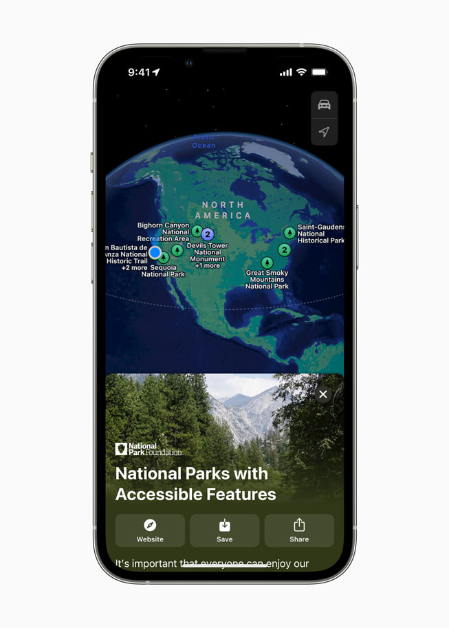 iPhone 屏幕上正在显示 Park Access for All，这是由 National Park Foundation 提供的新指南，现已在 Apple 地图上推出。