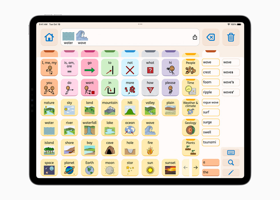iPad 上显示的 Proloquo app 界面。