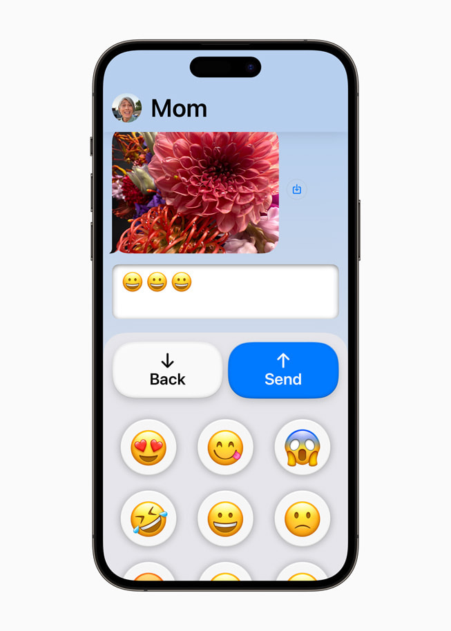 iPhone 14 Pro Max 上显示着精简版信息 app 与表情符号键盘。