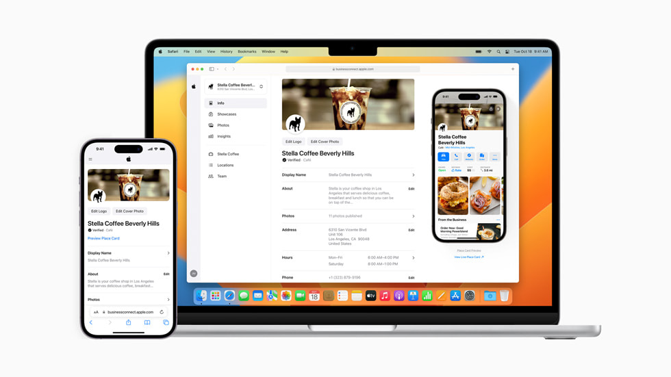 MacBook Pro 与 iPhone 上显示的 Apple Business Connect 界面。