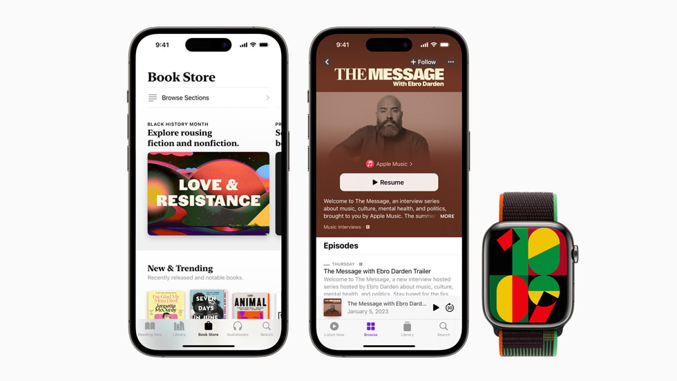 两台 iPhone 与一块 Apple Watch 展示 Apple 图书、Apple 播客和全新 Unity 墙纸。