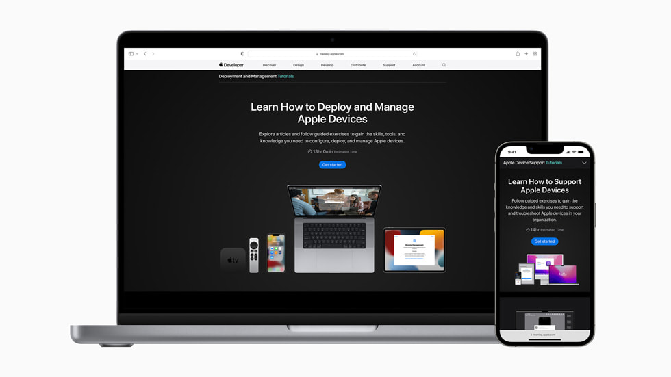 MacBook 与 iPhone 屏幕上正在展示 Apple 的更新版 IT 支持与管理职业培训。