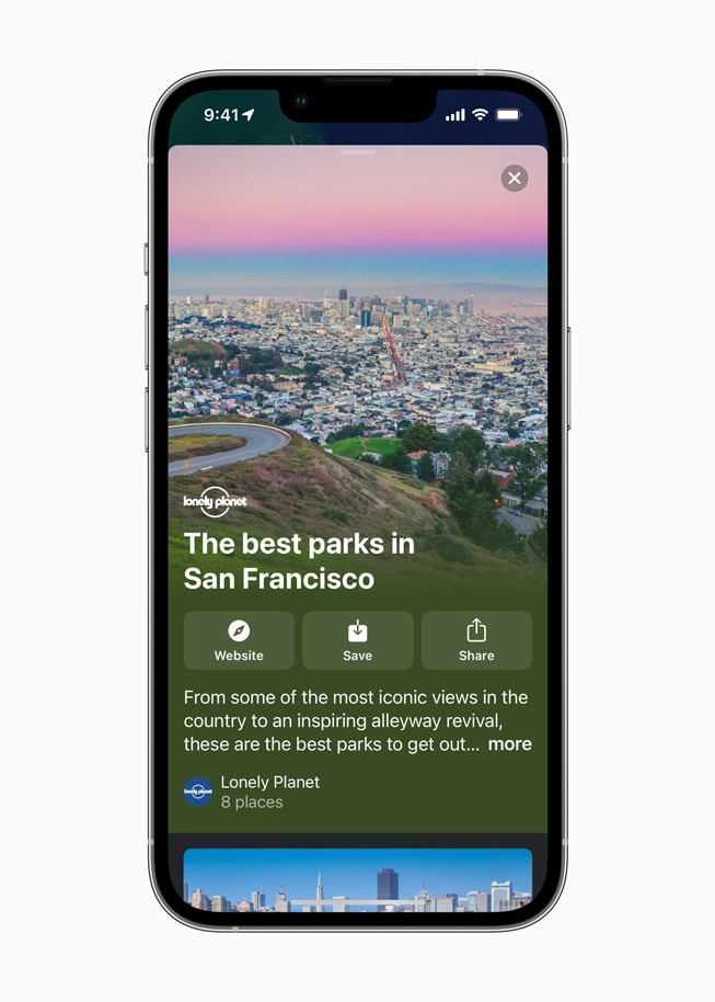 iPhone 的地图 app 中正在显示 Lonely Planet 指南：旧金山揽胜。