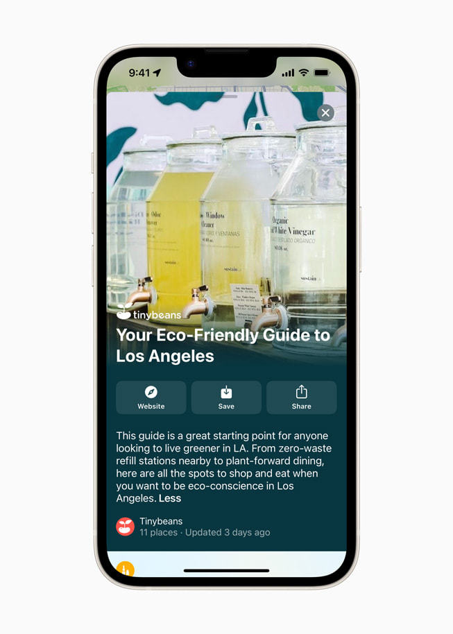Apple 地图中 Tinybeans 编排的全新指南“Your Eco-Friendly Guide to Los Angeles”（你的洛杉矶生态友好指南）。