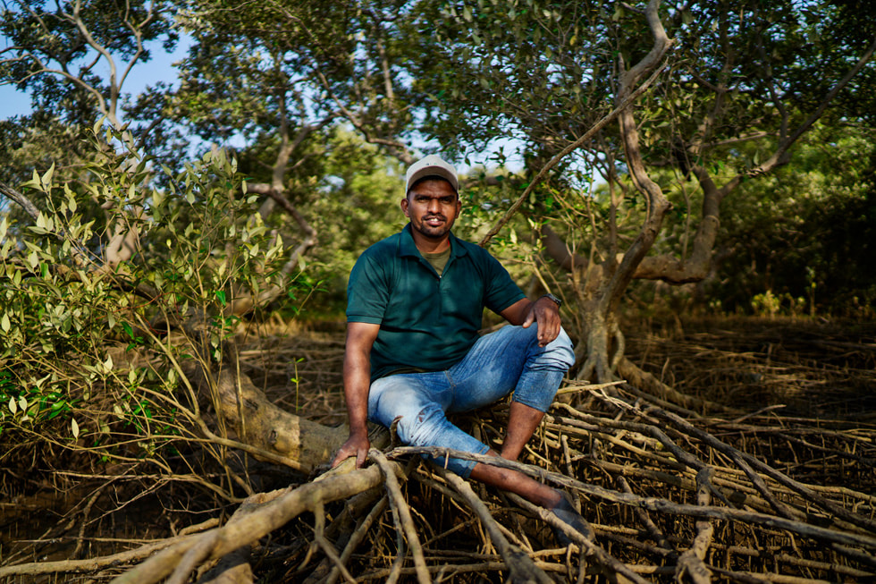渔民 Bhavik Patil 坐在红树根上。