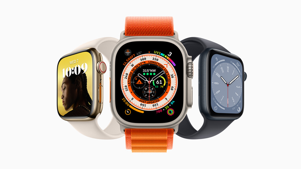 照片展示 Apple Watch Series 8、Apple Watch Ultra 和 Apple Watch SE。