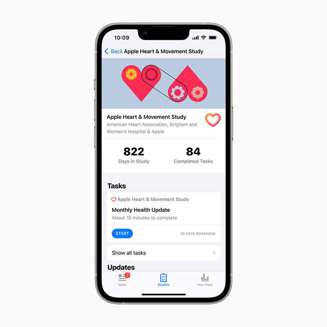 iPhone 屏幕上显示 Apple 心脏与运动研究的用户视图。